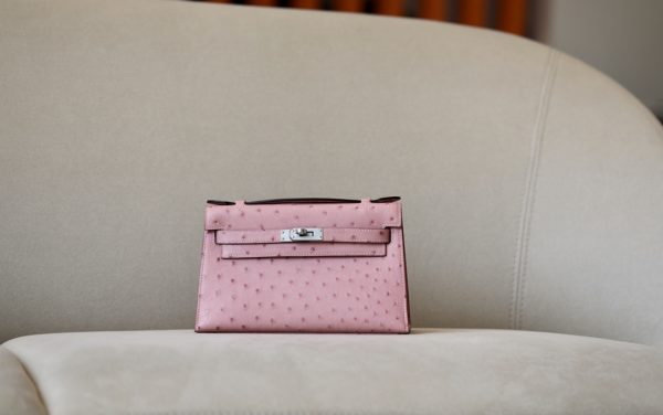 Kelly Pochette Ostrich Rose Sakura (3Q) Palladium Hardware