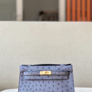 Kelly Pochette Ostrich Gris Agate (82) Gold Hardware