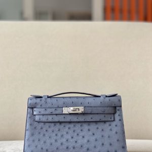 Kelly Pochette Ostrich Gris Agate (82) Palladium Hardware