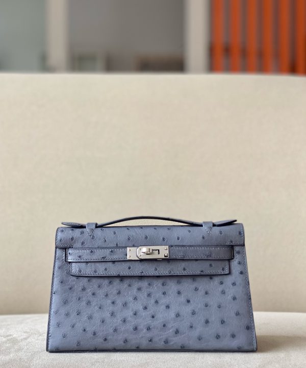 Kelly Pochette Ostrich Gris Agate (82) Palladium Hardware