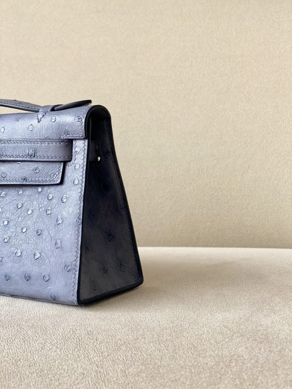 Kelly Pochette Ostrich Gris Agate (82) Palladium Hardware - Image 11