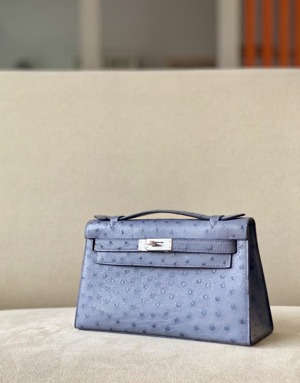 Kelly Pochette Ostrich Gris Agate (82) Palladium Hardware - Image 2