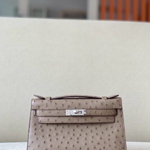 Kelly Pochette Ostrich Etoupe (18) Palladium Hardware