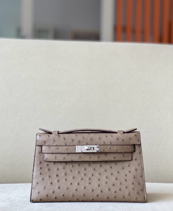 Kelly Pochette Ostrich Etoupe (18) Palladium Hardware