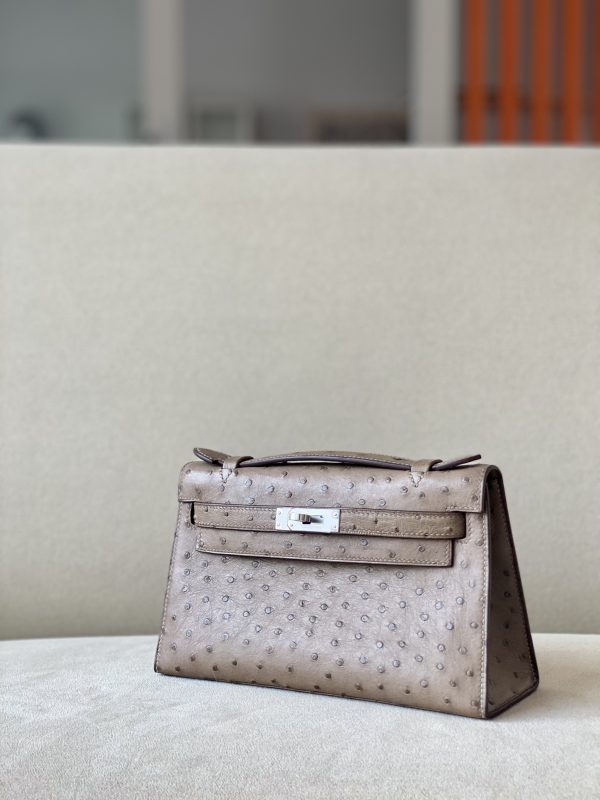 Kelly Pochette Ostrich Etoupe (18) Palladium Hardware - Image 2