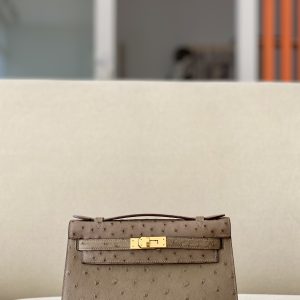 Kelly Pochette Ostrich Etoupe (18) Gold Hardware