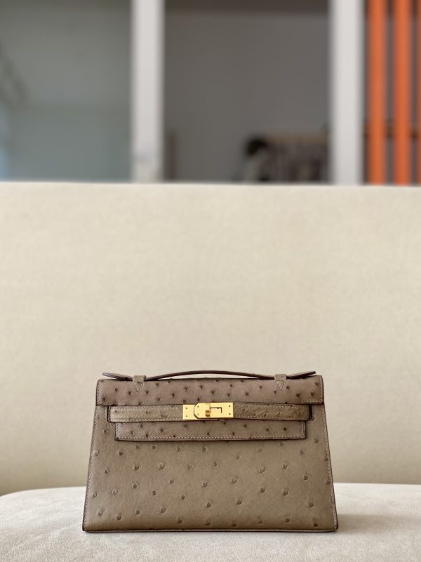 Kelly Pochette Ostrich Etoupe (18) Gold Hardware