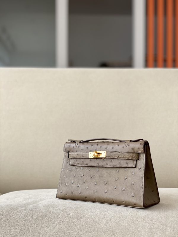 Kelly Pochette Ostrich Etoupe (18) Gold Hardware - Image 2