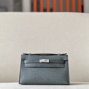 Kelly Pochette Alligator Gris Asphalte (M8) Palladium Hardware