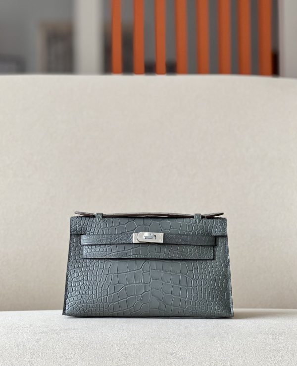 Kelly Pochette Alligator Gris Asphalte (M8) Palladium Hardware