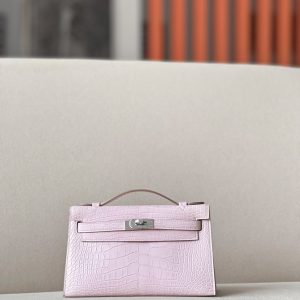 Kelly Pochette Matte Alligator Mauve Pale (09) Palladium Hardware