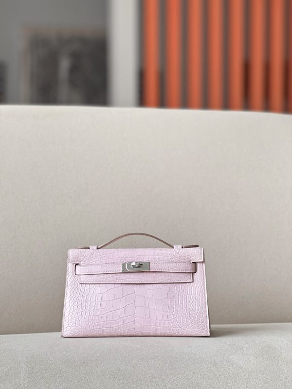 Kelly Pochette Matte Alligator Mauve Pale (09) Palladium Hardware