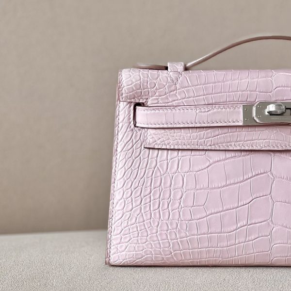 Kelly Pochette Matte Alligator Mauve Pale (09) Palladium Hardware - Image 10