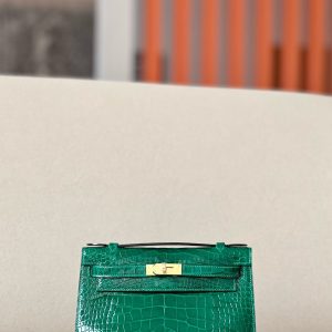 Kelly Pochette Shiny Alligator Vert Emeraude (6Q) Gold Hardware