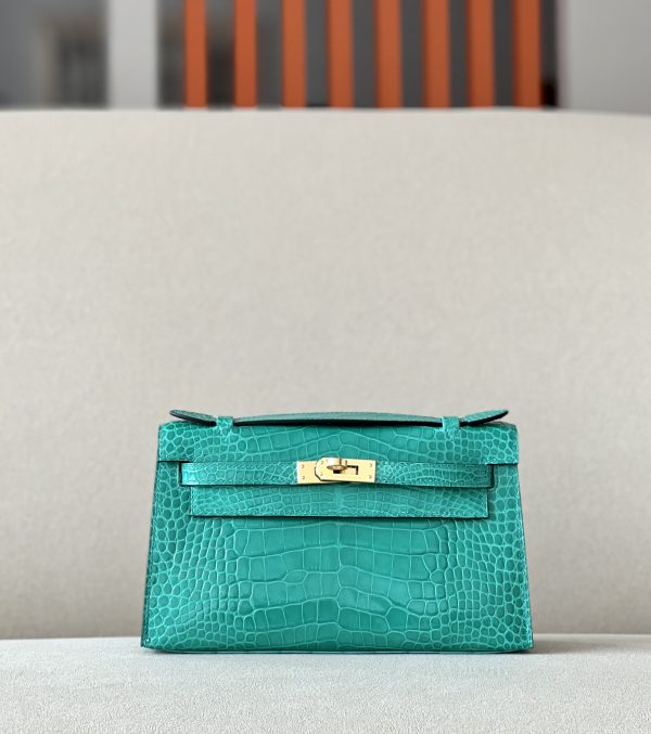 Kelly Pochette Alligator Vert Jade (O6) Gold Hardware