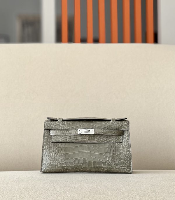 Kelly Pochette Alligator Gris Tourterelle (81) Palladium Hardware