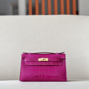 Kelly Pochette Alligator Rose Sheherazade (J5) Gold Hardware