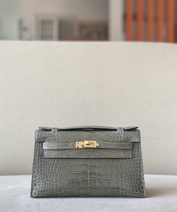 Kelly Pochette Alligator Gris Tourterelle (81) Gold Hardware
