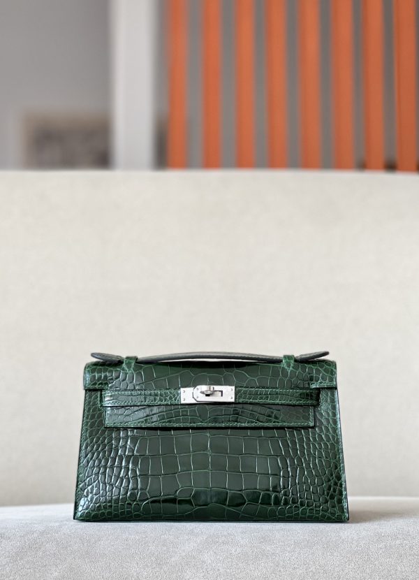 Kelly Pochette Alligator Vert Fonce (67) Palladium Hardware