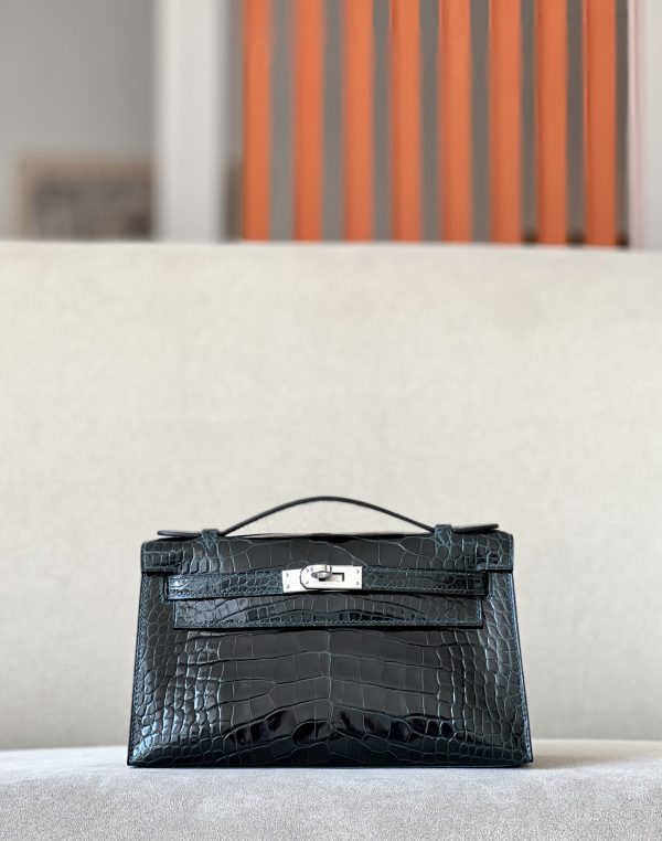 Kelly Pochette Alligator Vert Cypres (6O) Palladium Hardware