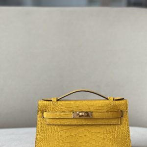 Kelly Pochette Alligator Jaune Amber (9D) Gold Hardware