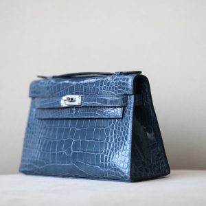 Kelly Pochette Alligator Blue Jean (75) Palladium Hardware