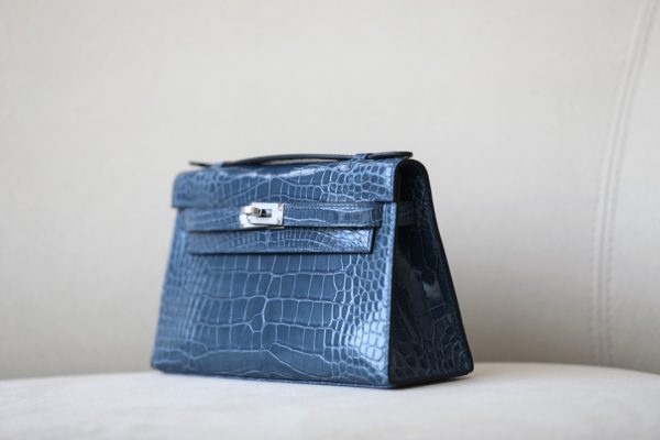 Kelly Pochette Alligator Blue Jean (75) Palladium Hardware