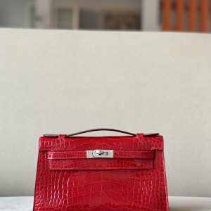 Kelly Pochette Alligator Braise (95) Palladium Hardware