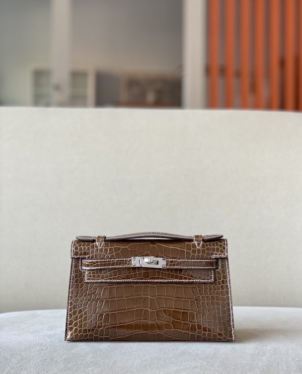 Kelly Pochette Alligator Ficelle (17) Palladium Hardware