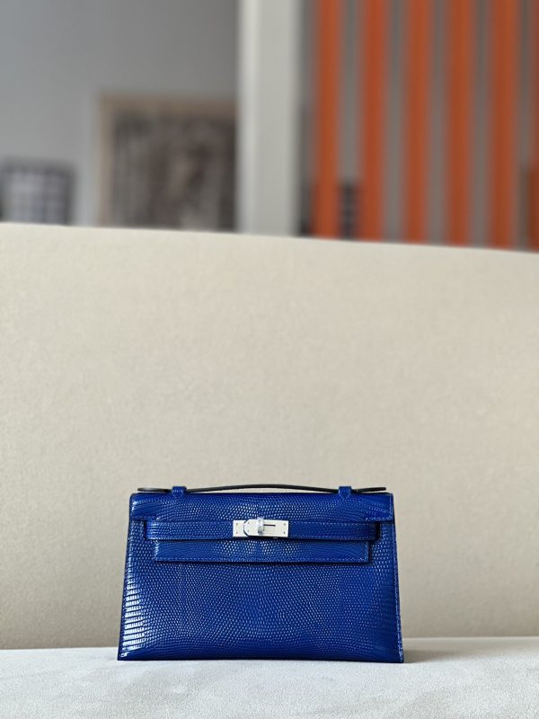 Kelly Pochette Lizard Blue Saphir (73) Palladium Hardware