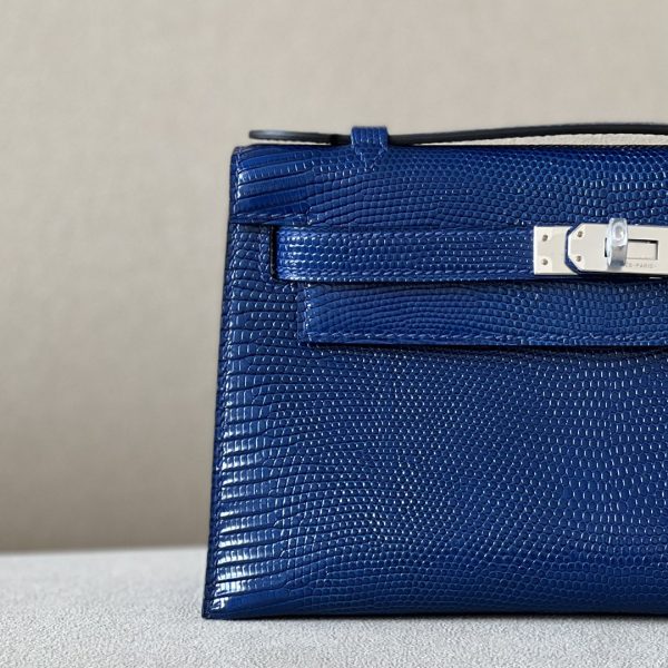 Kelly Pochette Lizard Blue Saphir (73) Palladium Hardware - Image 11