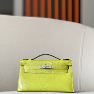 Kelly Pochette Lizard Vert Aris (66) Palladium Hardware