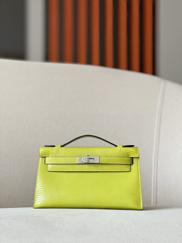 Kelly Pochette Lizard Vert Aris (66) Palladium Hardware