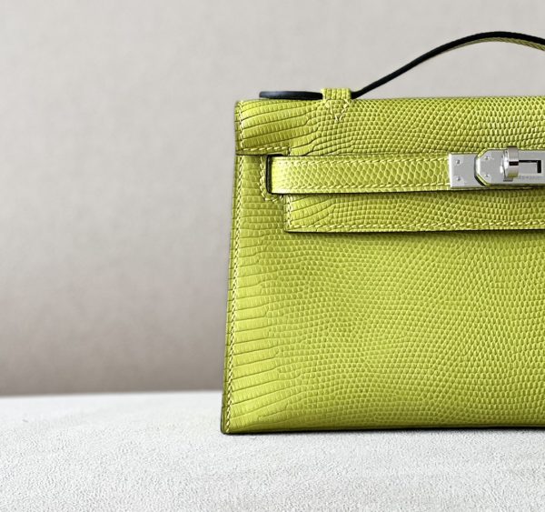 Kelly Pochette Lizard Vert Aris (66) Palladium Hardware - Image 11