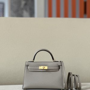 Kelly Mini Epsom Gris Asphalte (M8) Gold Hardware