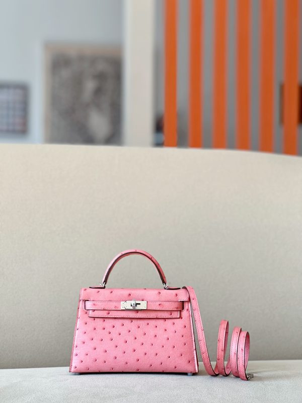 Kelly Mini Ostrich Rose Bubblegum  (L4)  Hardware