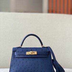 Kelly Mini Ostrich Deep Blue (S4) Gold Hardware