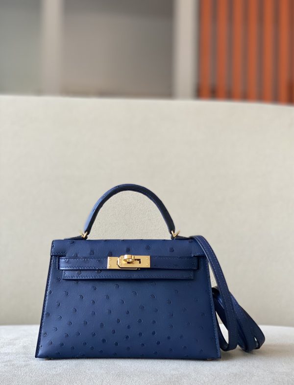 Kelly Mini Ostrich Deep Blue (S4) Gold Hardware