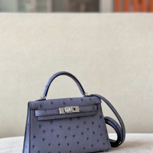 Kelly Mini Ostrich Gris Agate (82) Palladium Hardware