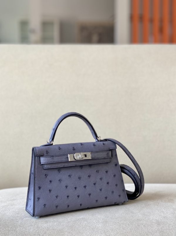 Kelly Mini Ostrich Gris Agate (82) Palladium Hardware