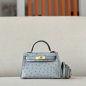 Kelly Mini Ostrich Blue Glacier (8U) Gold Hardware