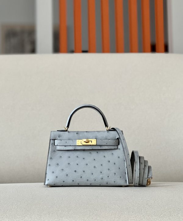 Kelly Mini Ostrich Blue Glacier (8U) Gold Hardware