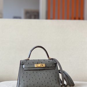 Kelly Mini Ostrich Gris Asphalte (M8) Gold Hardware