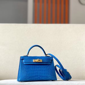 Kelly Mini Alligator Bleu Izmir (7W) Gold Hardware