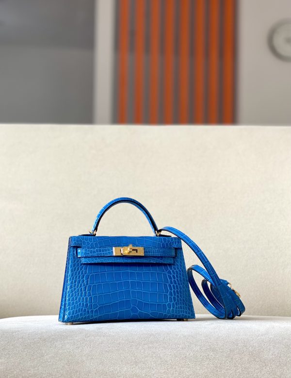 Kelly Mini Alligator Bleu Izmir (7W) Gold Hardware