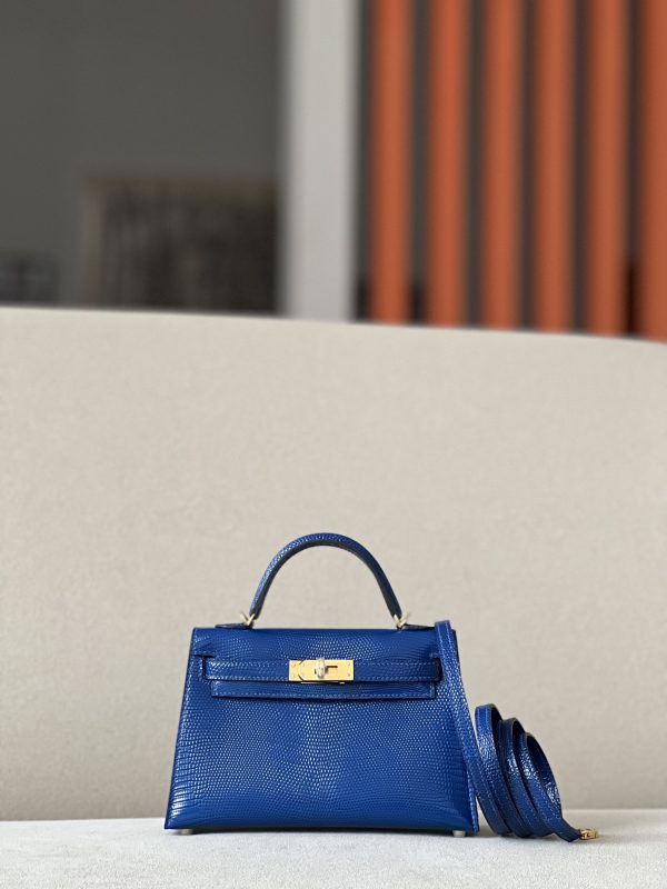 Kelly Mini Lizard Blue Saphir (73) Gold Hardware