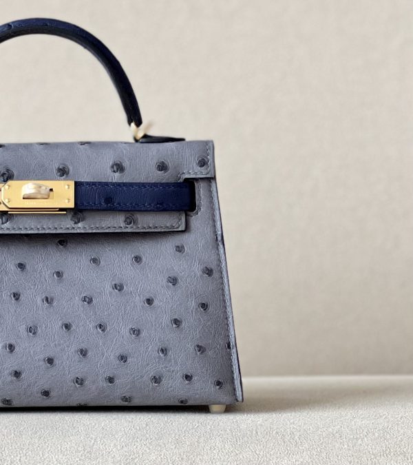 Kelly Mini HSS Ostrich Gris Agate(82) And Bleu Iris(77)Gold Hardware - Image 10