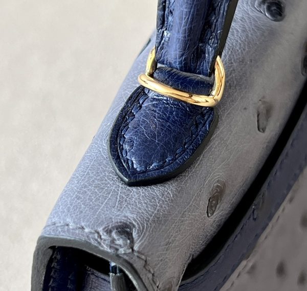 Kelly Mini HSS Ostrich Gris Agate(82) And Bleu Iris(77)Gold Hardware - Image 9