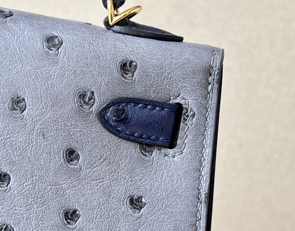 Kelly Mini HSS Ostrich Gris Agate(82) And Bleu Iris(77)Gold Hardware - Image 8