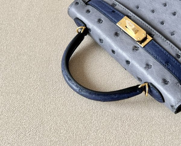 Kelly Mini HSS Ostrich Gris Agate(82) And Bleu Iris(77)Gold Hardware - Image 7